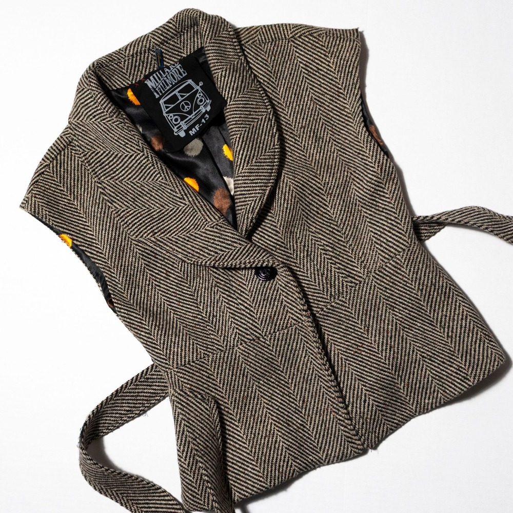 Millard Fillmore Wool Herringbone Belted Vest Jacket Dark Academia Women's M - Picture 6 of 9